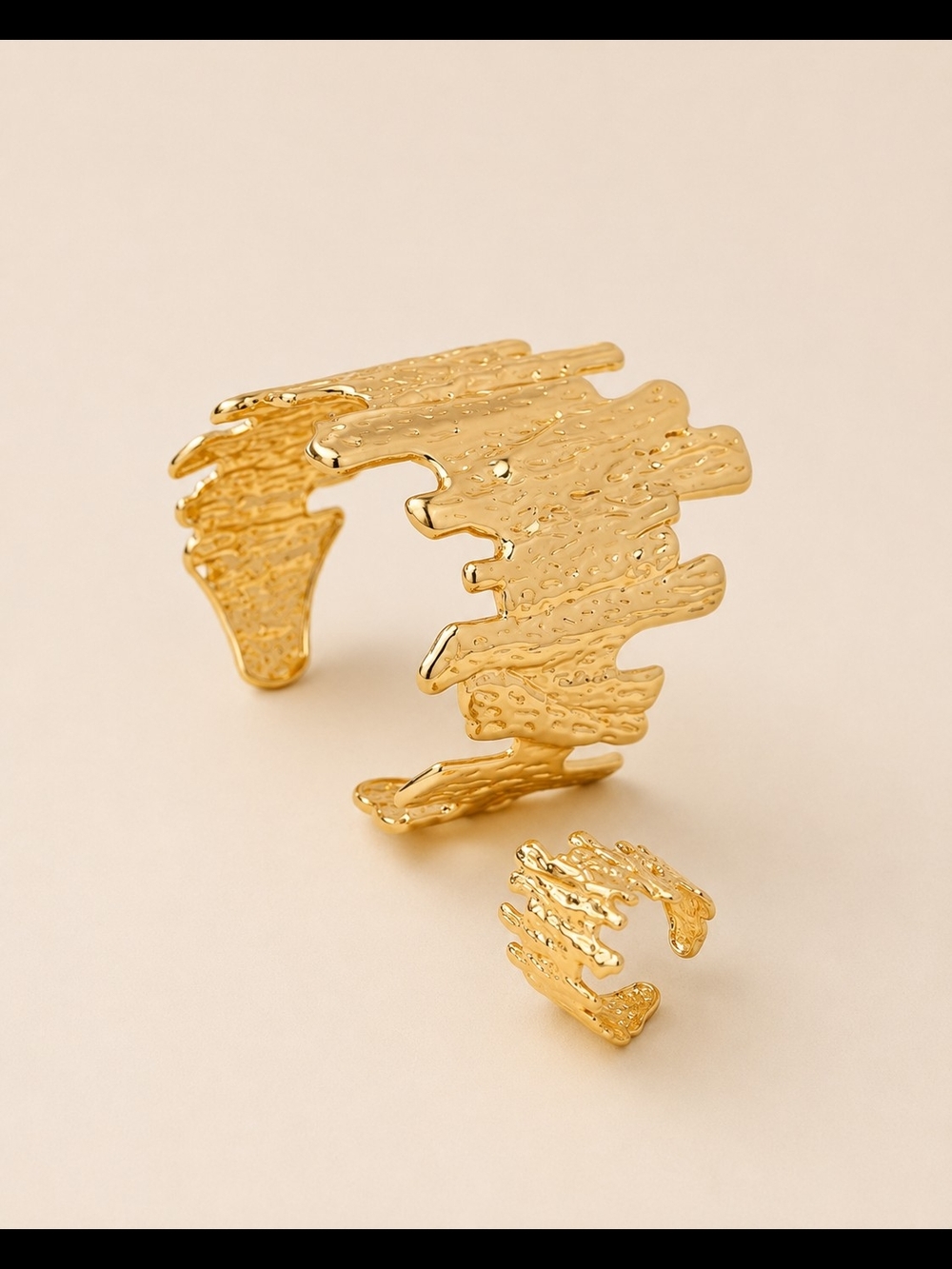 Gold Textured Statement Cuff Bracelet and Ring - Women Jewelry - Picture 5 of 6